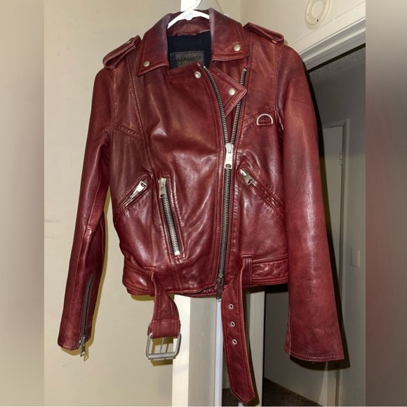 All Saints Women’s Biker Leather Jacket Deep Wine Red Size US 0 - Picture 3 of 12
